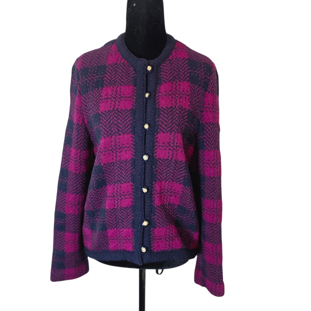Vintage Castleberry Womens 10 Wool Plaid Cardigan Purple Preppy USA Made